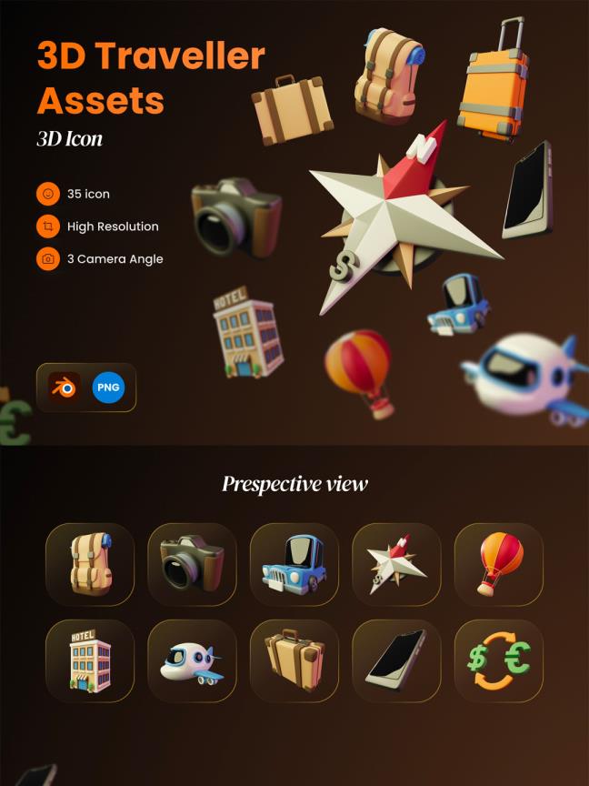 旅游旅行类3D图标资源素材blend源文件下载