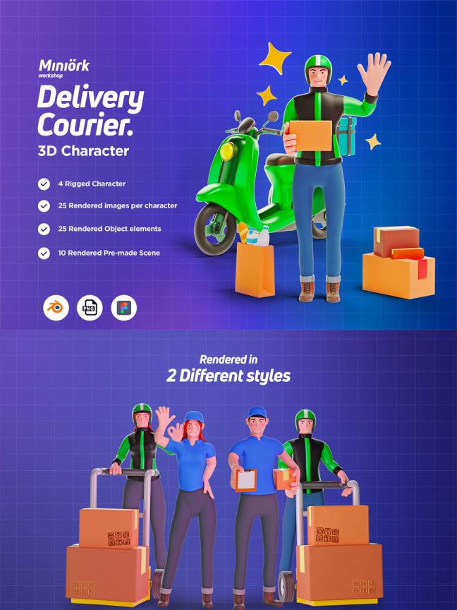 1.68G配送快递员、外卖员3D人物角色插画资源素材包