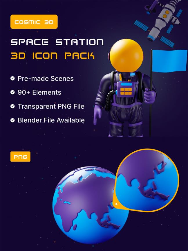 一套太空主题、航天空间站宇宙元素、宇航员3D图标素材资源包 blend源文件