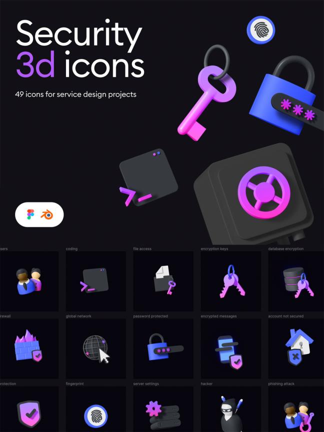 一套保护/加密/隐私/安全3D图标套件blender 3D源文件+fig源文件
