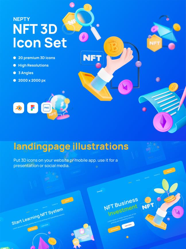 NFT资源素材、NFT货币交易元素3D插画blend源文件