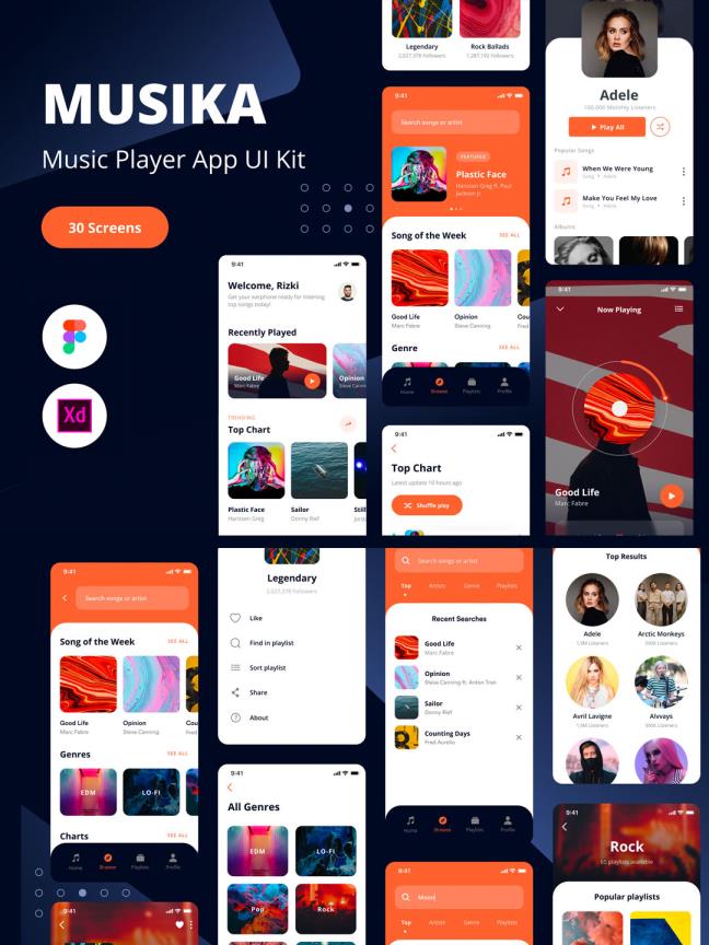 30页潮流音乐app ui设计xd、figma源文件