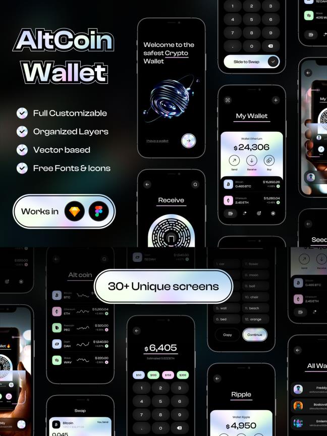 30页加密货币，酸性设计银行app UI素材sketch,figma格式