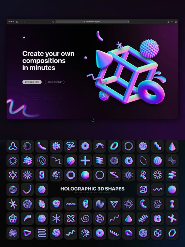 90个1.5G高清全息3D形状，3D酸性设计风高清png素材
