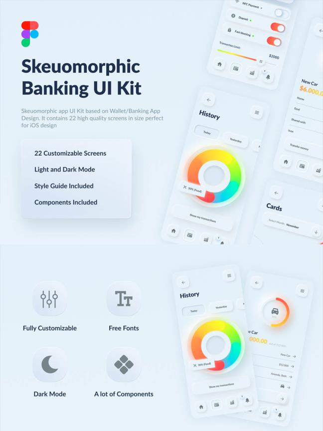 22个新拟物化设计风格金融电子钱包UI设计figma源文件