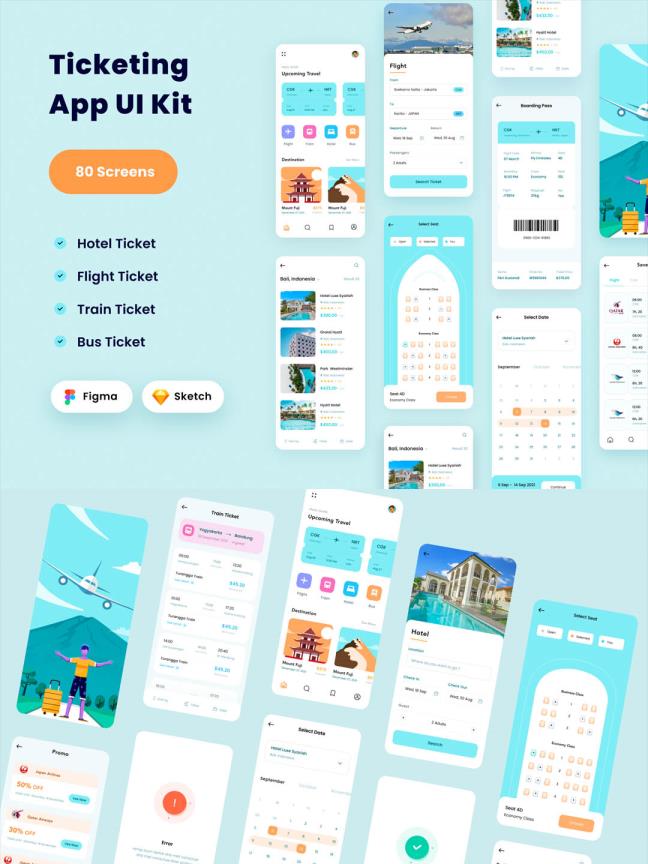 80页机票预定APP和酒店预订App应用程序UI套件UI资源素材figma、sketch源文件