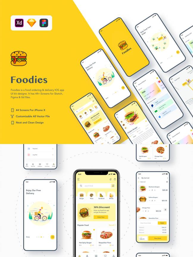 简约的插画风美食应用UI源文件下载，sketch，xd，figma