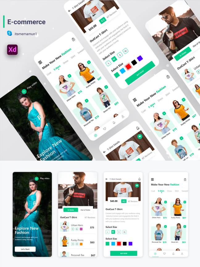 清新简约的免费电商UI模板，电商UI界面设计源文件，服装电商UI资源下载xd源文件下载