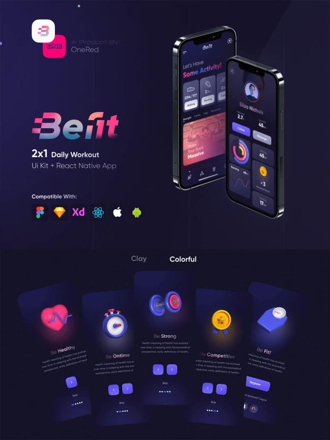 30页任务挑战模式的健身锻炼相关产品APP UI资源素材包含设计与前端代码figma+js