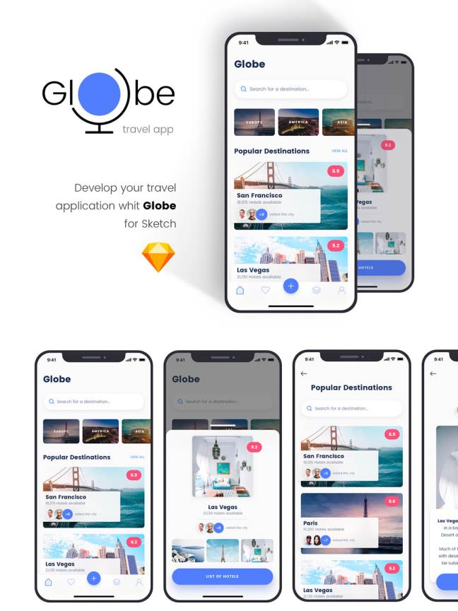 19页旅游APP全套UI资源下载，sketch源文件
