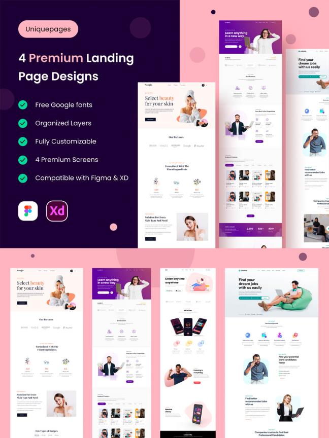 4 个具有不同风格和主题的简约和创意可定制登陆页面figma，xd源文件