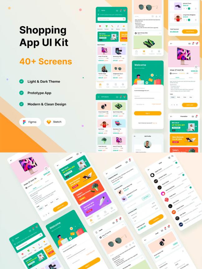 40页购物APP应用程序 UI 套件 Figma 和 Sketch IOS UI 套件