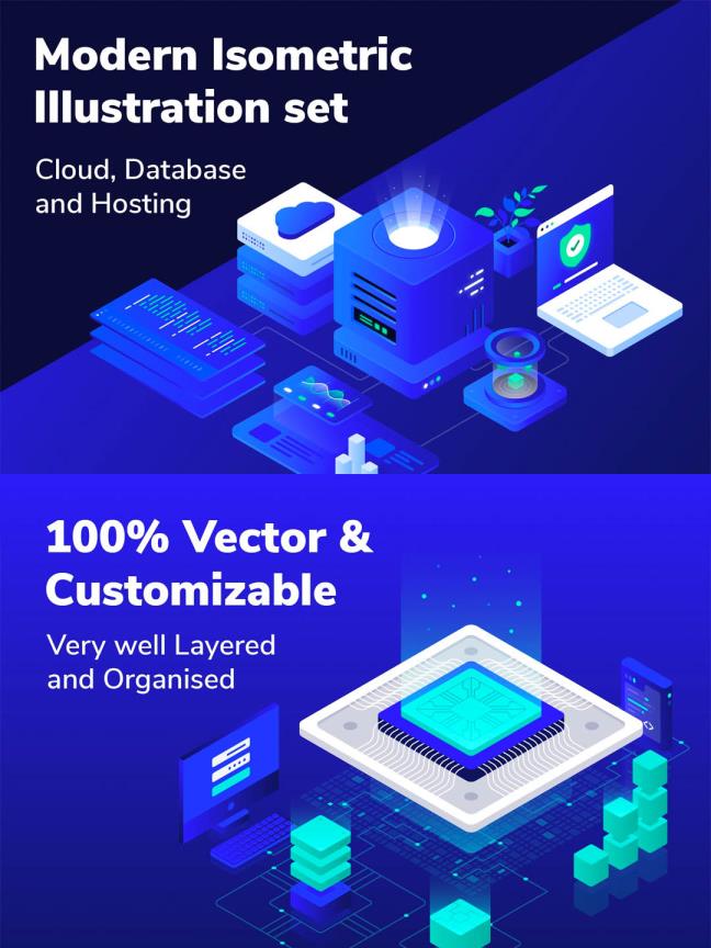 一套云服务、云储存、大数据、数据中心科技类产品2.5D等距矢量插画素材资源