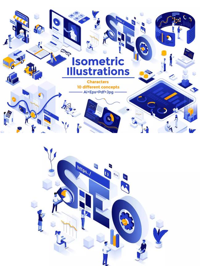 一组科技风2.5D插画，现代扁平设计风格现代信息科技主题等距概念插画Ai源文件