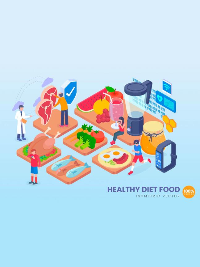 健康饮食场景2.5D插画源文件，健身减肥美食场景等距轴测图风格矢量插画ai源文件