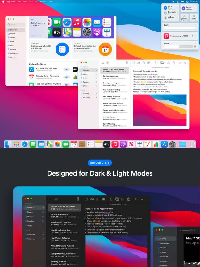 全面且功能丰富的苹果电脑系统macOS Big Sur UI套件figma、sketch源文件