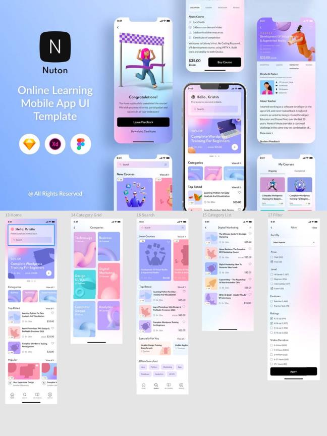 简约的的现代风在线教育APP UI资源素材（含SKETCH,XD,FIG源文件）
