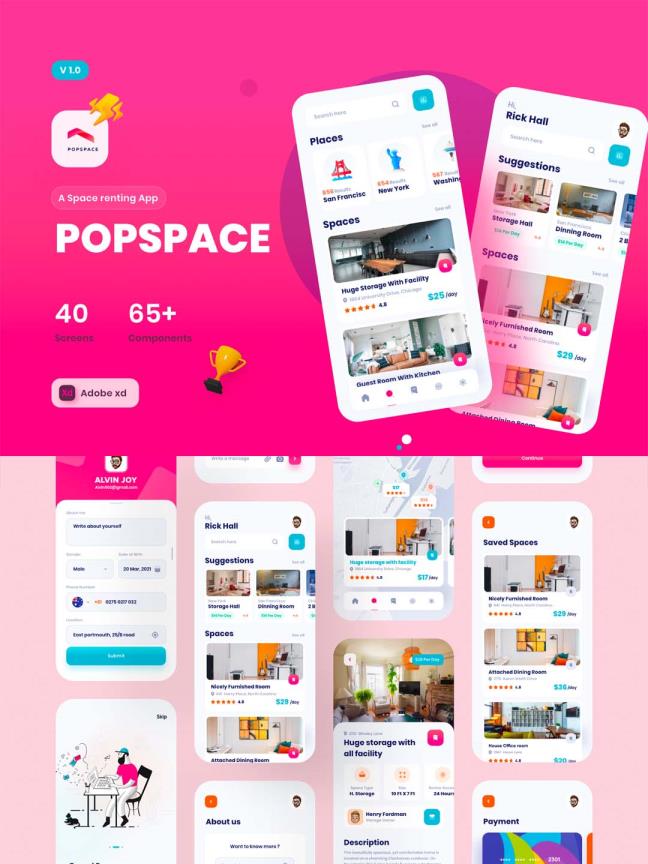 40页办公空间租赁、场地租赁,创业空间孵化APP UI素材资源模板xd源文件