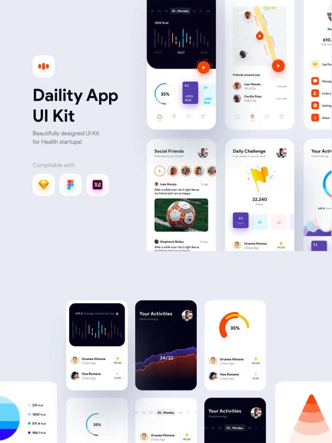 现代化年轻人社交健身APP UI资源素材fig,sketch,xd源文件