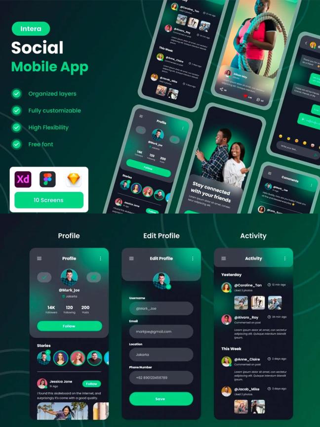 超酷时尚风格流行社交APP UI资源素材XD,FIG,SKETCH源文件