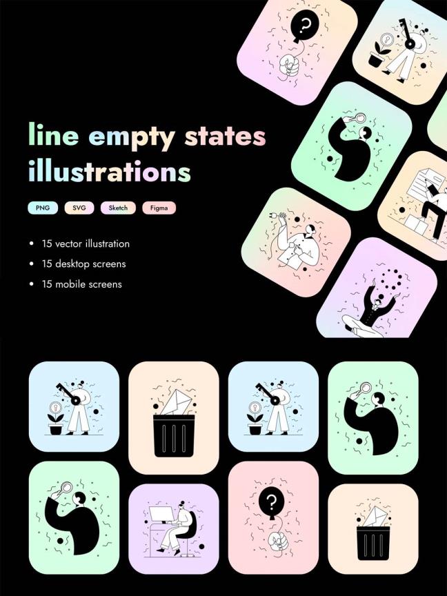 一套15个空状态UI插画黑白风格包含移动端与web端sketch,figma源文件
