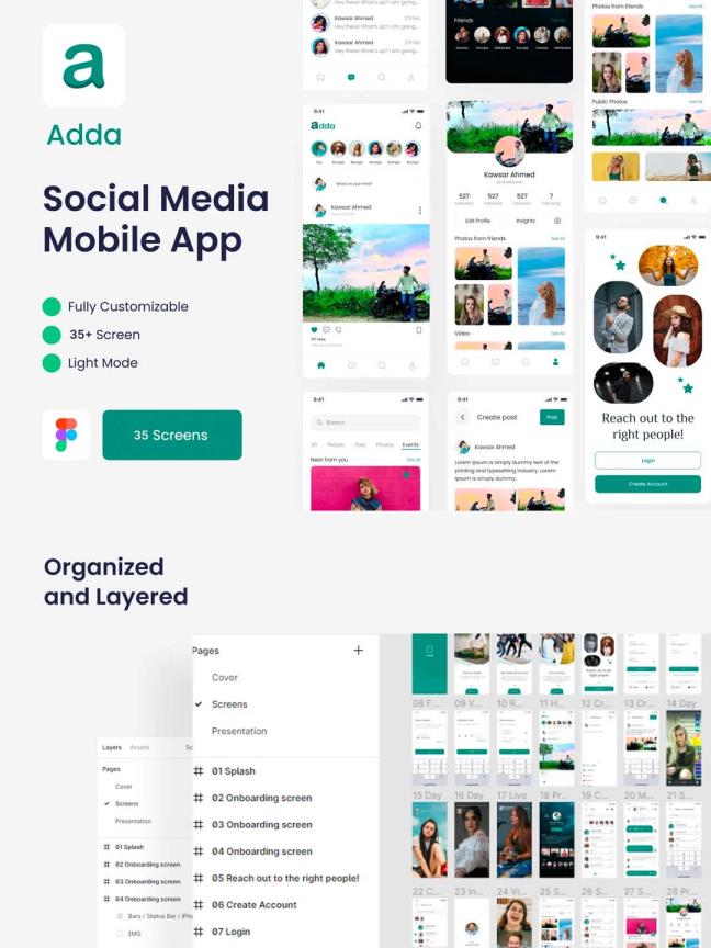 35页轻社交APP UI资源素材套装figma源文件下载