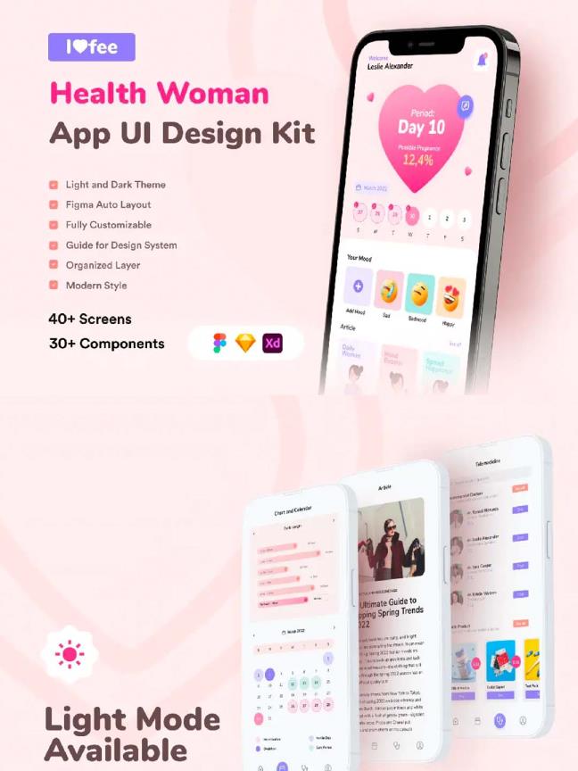 明暗各20页女性生理期健康用户APP UI 设计· Figma,xd,sketch格式