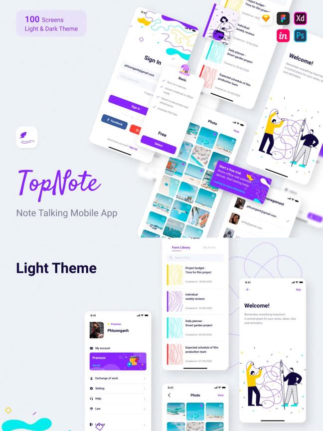 100页笔记应用、备忘录、任务列表等APP UI资源素材源文件【sketch,psd,xd,studio,fig】