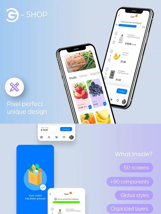 生鲜app ui素材模板、蔬果杂货店电商App应用程序UI资源素材工具包