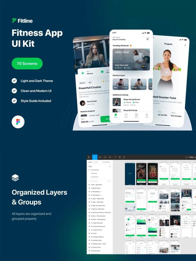 70页轻量扁平风健身APP UI kit figma源文件下载