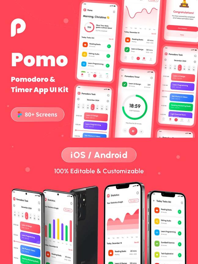 80页明暗主题计时器、提醒、任务管理、生产力工具UI资源素材工具包figma源文件