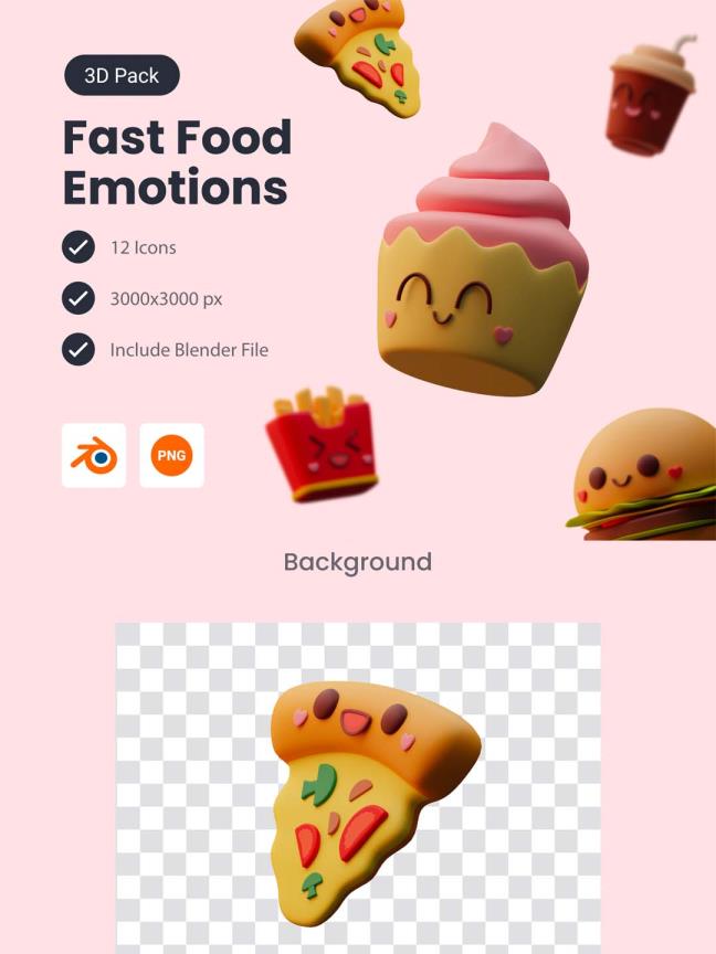 快餐表情包 3D 图标，Blender and PNG 文件