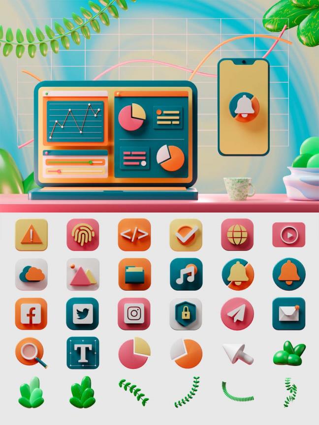 一系列以夏季为主题的高质量 3D UI 插图