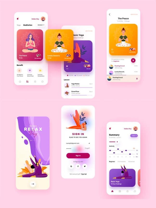 清新简约的健身相关应用瑜伽与冥想移动App应用程序UX/UI设计模板xd,psd源文件