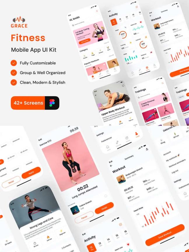 42页高级小清新风格健身应用app ui资源素材figma UI素材套件