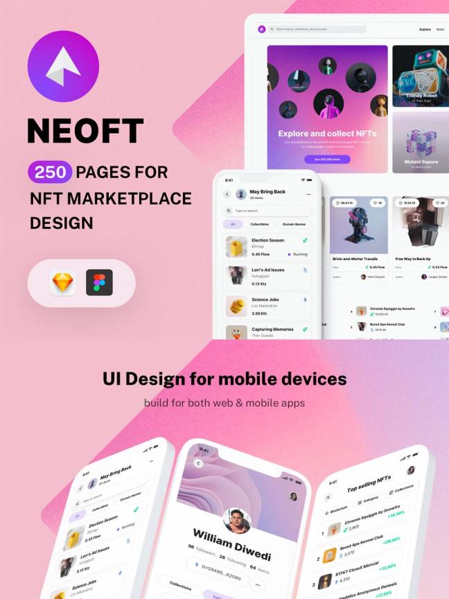 250页响应式设计NFT市场移动APP+WEB商城 UI资源、UI素材sketch、figma源文件