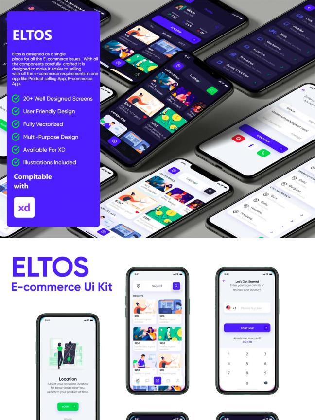 精美电商app UI资源素材xd源文件下载，小清新风格电商UI kit设计套件