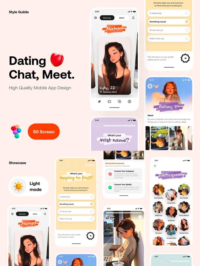 一套个性化设计风格社交约会app UI资源素材figma源文件包含亮色/暗色模式