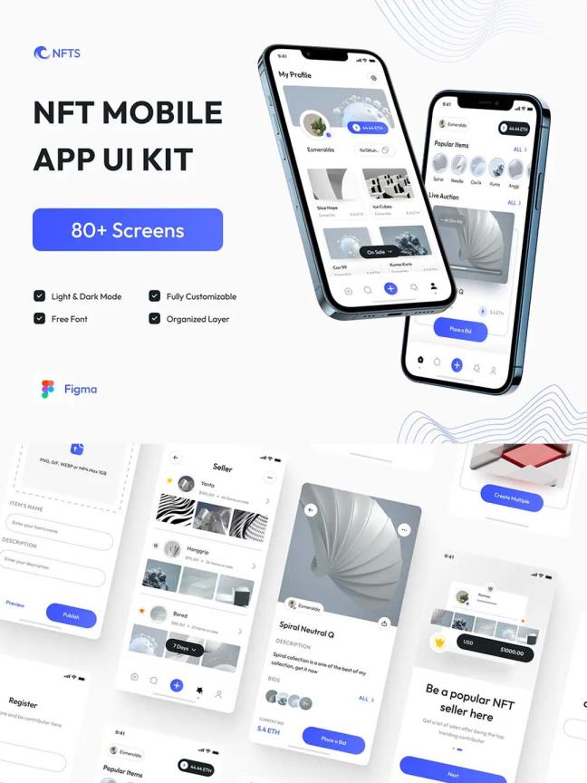 简约轻量白色/暗色两套风格NFT平台app UI资源素材套件分享