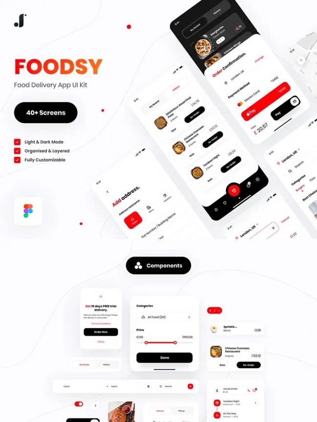 超简约外卖APP UI资源素材figma源文件，送餐app UI套件素材下载