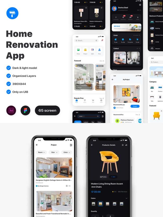 一套清新风格家居装修App应用程序、家居电商UI设计UI套件fig,xd源文件