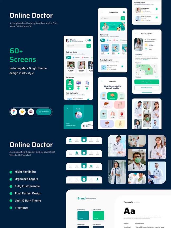时尚在线医生、在线医疗App移动应用程序UI套件、UI资源素材fig,sketch,xd源文件