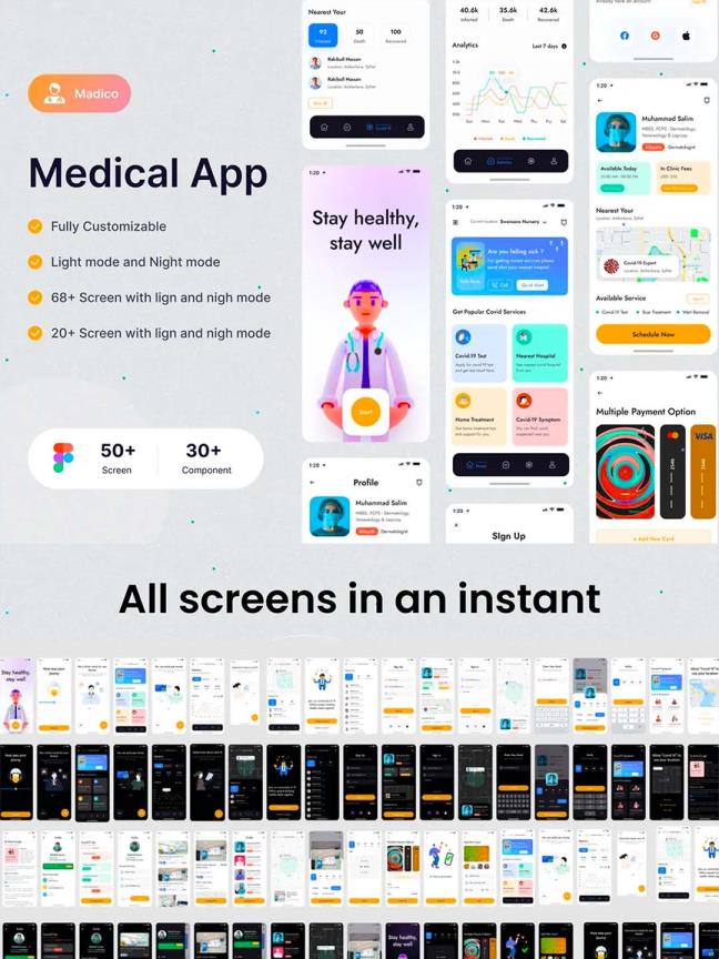 在线医疗主题App应用IOS UI资源素材套件，云诊断、云医疗APP ui素材 figma源文件