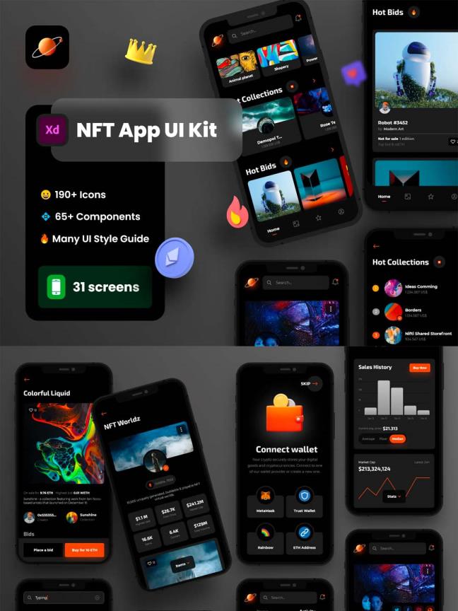 高端元宇宙相关NFT虚拟市场APP UI资源素材xd源文件下载