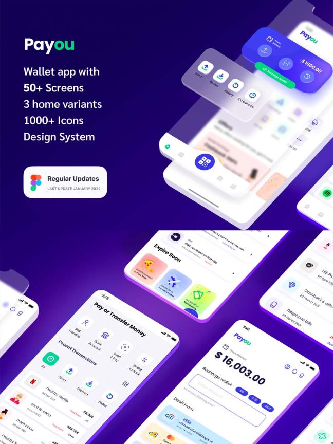 50+现代小清新风格新鲜色彩流行金融数字钱包app、在线支付app UI资源素材下载