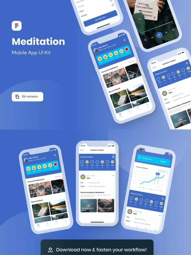 免费打坐冥想App UI界面设计套件 Relax – Meditation App UI Kit