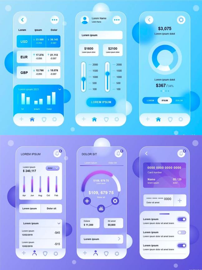 玻璃拟物化风格金融App UI界面设计套件，毛玻璃质感UI资源AI源文件