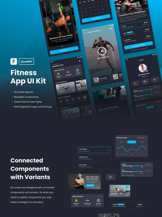 暗色风运动健身APP UI界面设计资源，健身应用UI素材figma源文件
