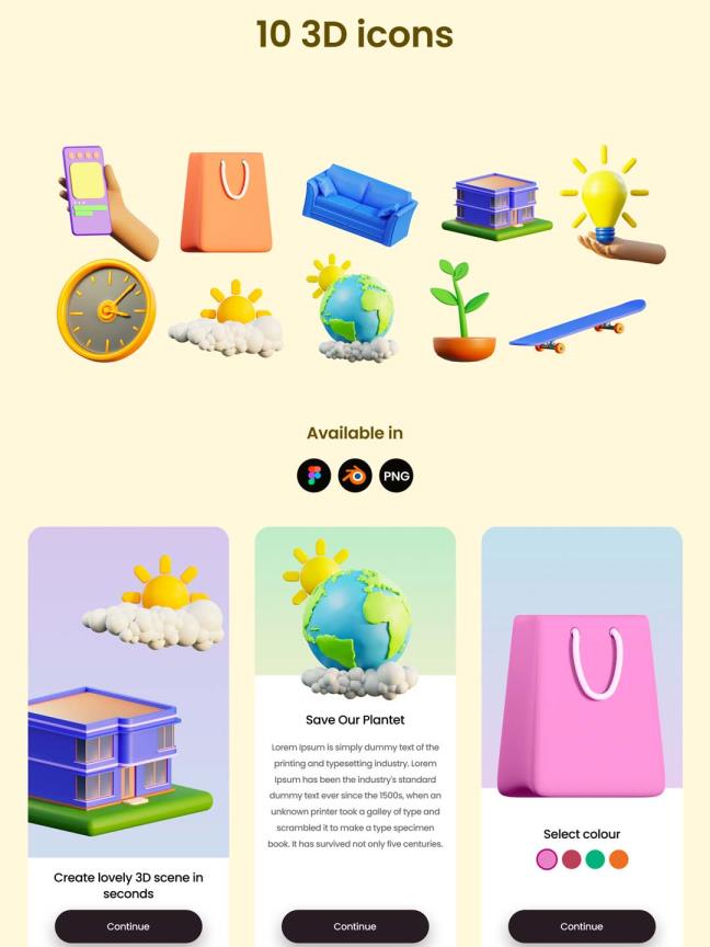 10 个带有高分辨率 png 的 3D Blend 图标。这些图标可用于任何设计项目。