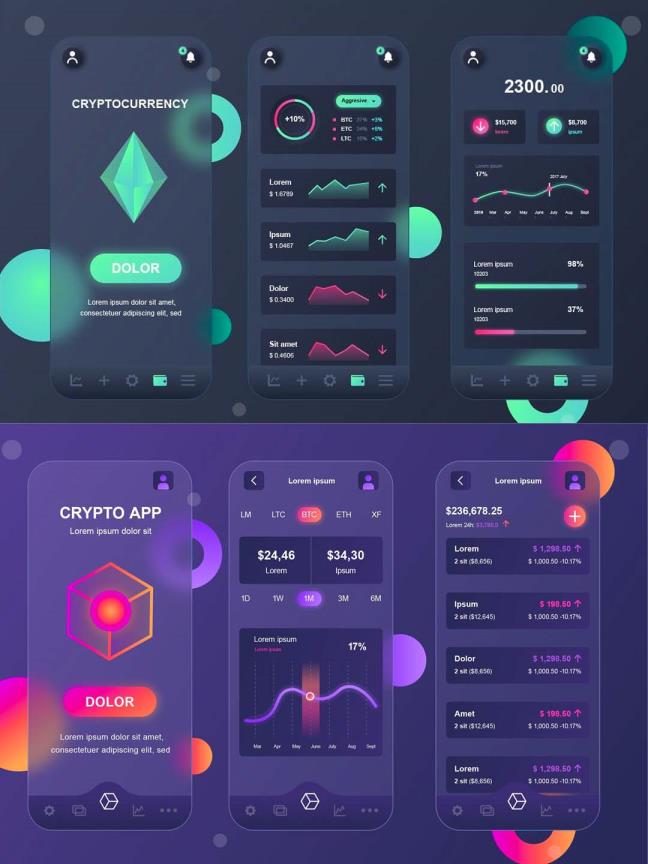 2022流行玻璃拟物风格金融数据额、加密货币APP UI资源素材AI源文件